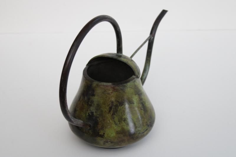 photo of vintage brass or bronze watering can w/ long spout, antique verdigris painted finish #3