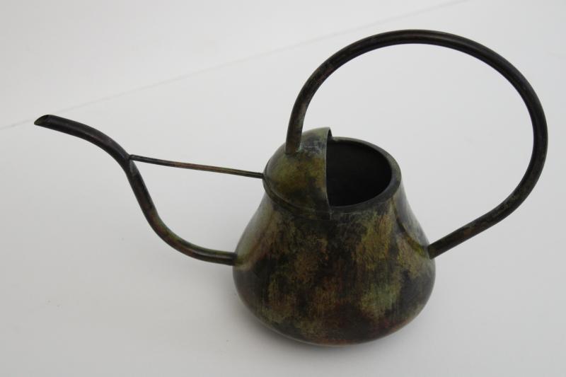 photo of vintage brass or bronze watering can w/ long spout, antique verdigris painted finish #4