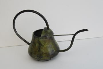 catalog photo of vintage brass or bronze watering can w/ long spout, antique verdigris painted finish