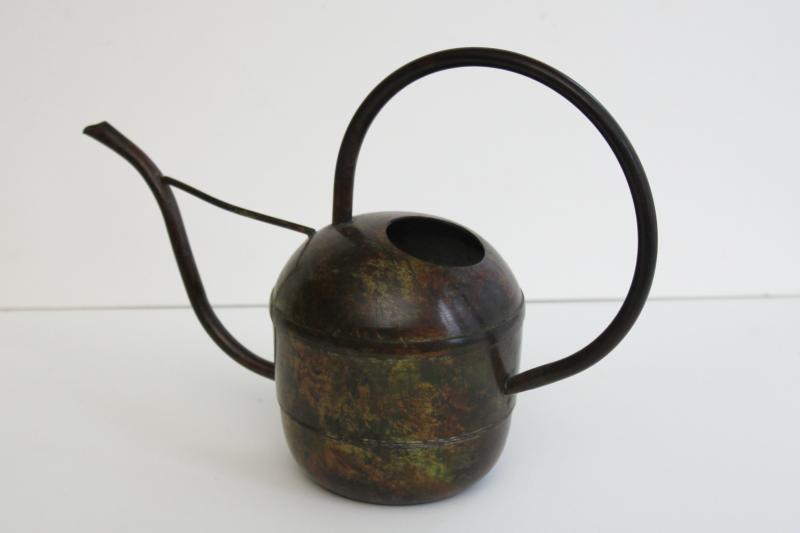 photo of vintage brass or bronze watering can w/ long spout, antique verdigris painted finish #1