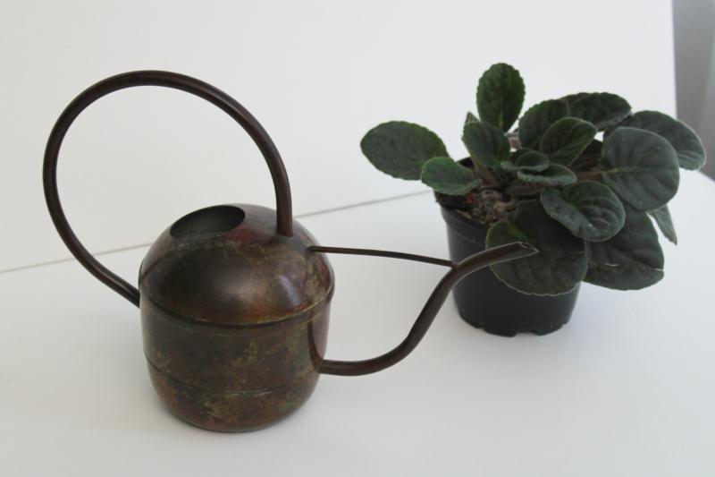 photo of vintage brass or bronze watering can w/ long spout, antique verdigris painted finish #7