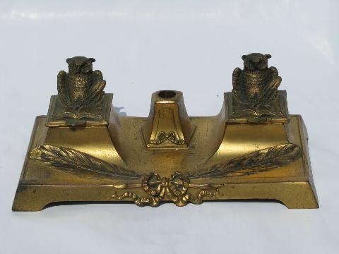 photo of vintage brass or bronze wrinting table desk inkwell, figural owls #1