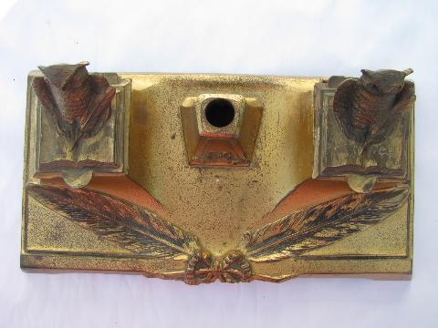 photo of vintage brass or bronze wrinting table desk inkwell, figural owls #3