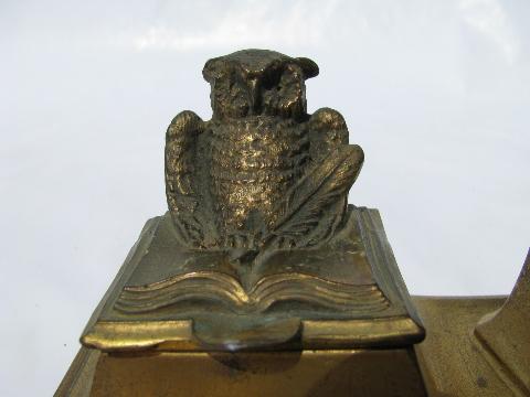 photo of vintage brass or bronze wrinting table desk inkwell, figural owls #4