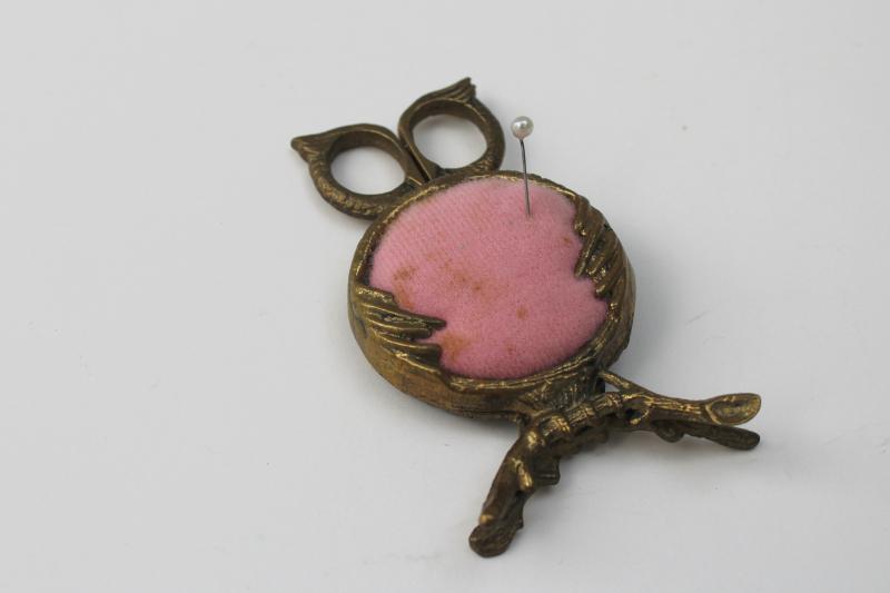 photo of vintage brass owl sewing helper chatelaine, pincushion w/ tiny scissors #1