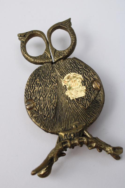 photo of vintage brass owl sewing helper chatelaine, pincushion w/ tiny scissors #3