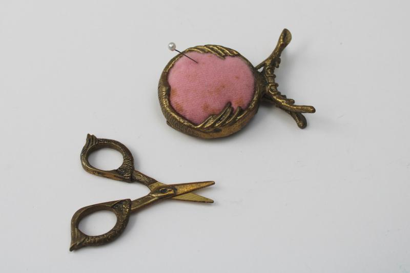 photo of vintage brass owl sewing helper chatelaine, pincushion w/ tiny scissors #4