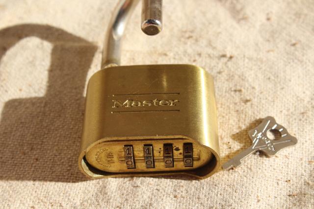 photo of vintage brass padlock Master Lock #175, key & four digit number combination #3