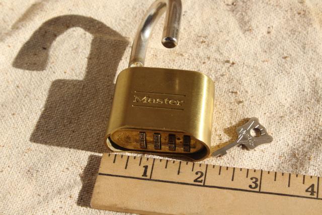 photo of vintage brass padlock Master Lock #175, key & four digit number combination #4