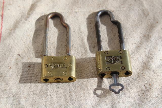 photo of vintage brass padlocks w/ key, shaped adjustable shackle locks Miller Fraim Slaymaker #1