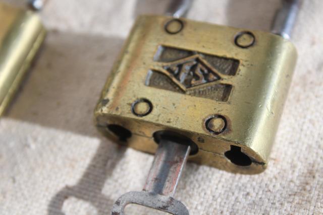 photo of vintage brass padlocks w/ key, shaped adjustable shackle locks Miller Fraim Slaymaker #2
