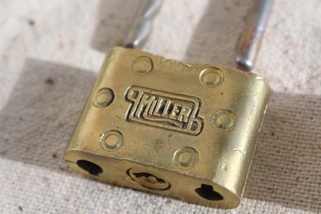 photo of vintage brass padlocks w/ key, shaped adjustable shackle locks Miller Fraim Slaymaker #3