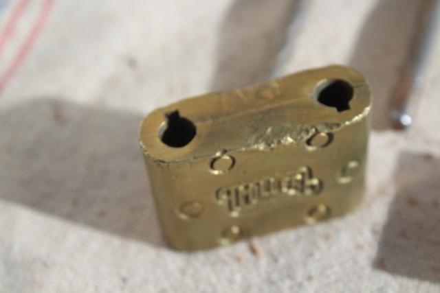 photo of vintage brass padlocks w/ key, shaped adjustable shackle locks Miller Fraim Slaymaker #4