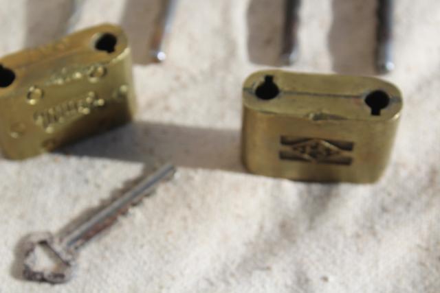 photo of vintage brass padlocks w/ key, shaped adjustable shackle locks Miller Fraim Slaymaker #5