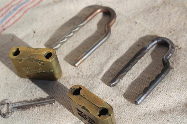 photo of vintage brass padlocks w/ key, shaped adjustable shackle locks Miller Fraim Slaymaker #6