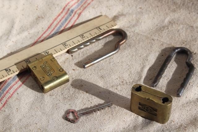 photo of vintage brass padlocks w/ key, shaped adjustable shackle locks Miller Fraim Slaymaker #7