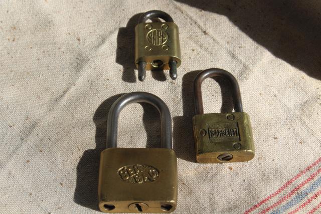photo of vintage brass padlocks & shackle lock, Sargent, Safe, Sea Bag Auto Loc #1