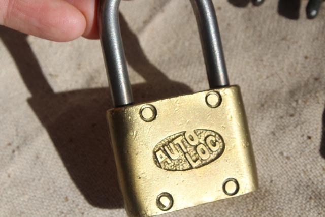 photo of vintage brass padlocks & shackle lock, Sargent, Safe, Sea Bag Auto Loc #2