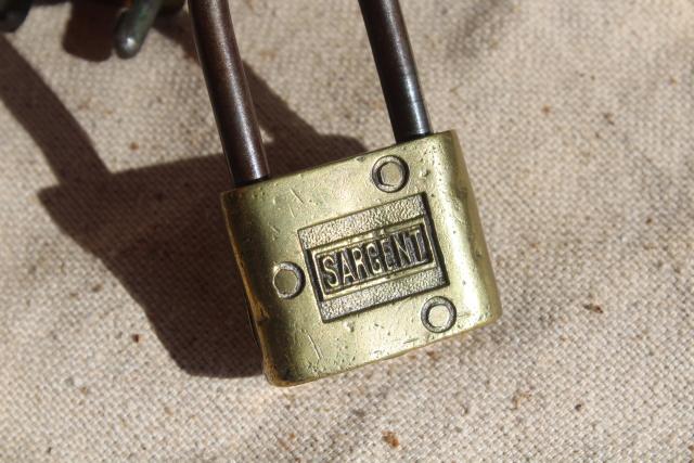photo of vintage brass padlocks & shackle lock, Sargent, Safe, Sea Bag Auto Loc #3