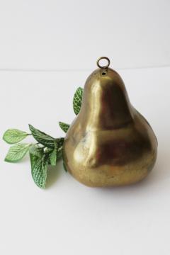 catalog photo of vintage brass pear, decorative life size fruit or Christmas ornament pear tree