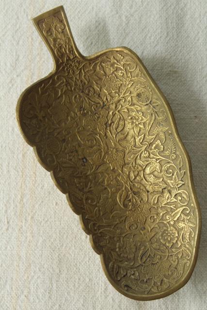 photo of vintage brass pin tray, Indian paisley leaf shaped dish, bohemian ethnic decor #1