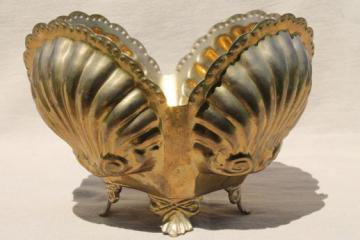 catalog photo of vintage brass planter or cachepot w/ seashells, large shell shaped bowl