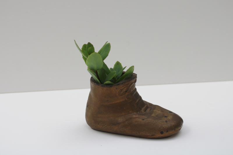 photo of vintage brass plated baby shoe planter, heavy cast metal paperweight #2
