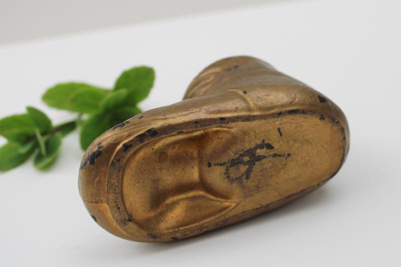 photo of vintage brass plated baby shoe planter, heavy cast metal paperweight #5