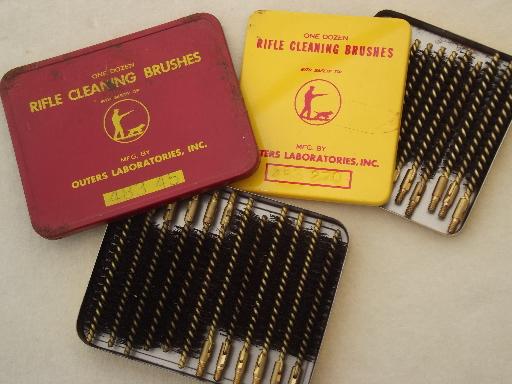 photo of vintage brass rifle brushes, old metal tins full of gun cleaning brushes #1