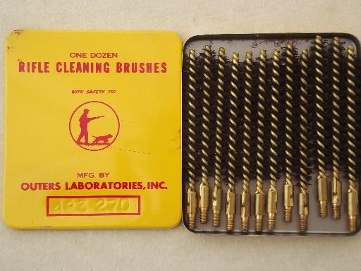 photo of vintage brass rifle brushes, old metal tins full of gun cleaning brushes #2