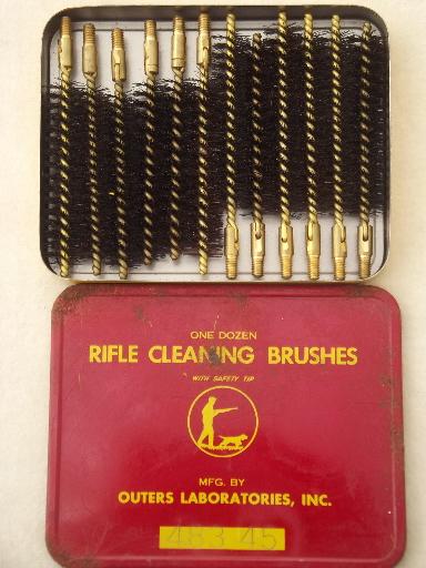 photo of vintage brass rifle brushes, old metal tins full of gun cleaning brushes #3