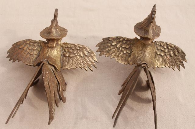 photo of vintage brass roosters, pair of fierce fighting birds, cast metal animal figurines #2