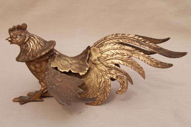 photo of vintage brass roosters, pair of fierce fighting birds, cast metal animal figurines #3