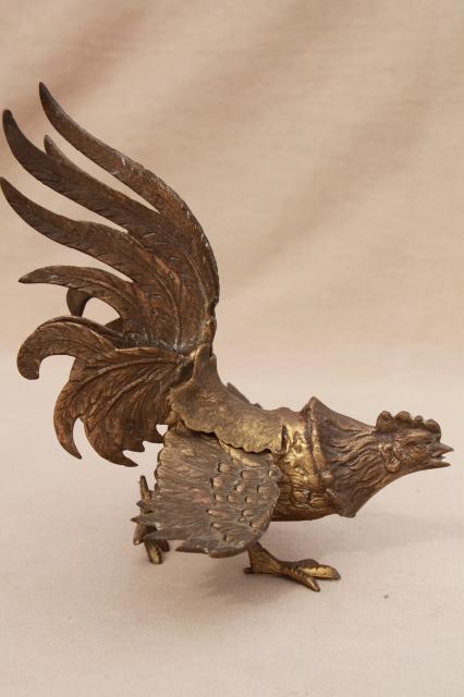 photo of vintage brass roosters, pair of fierce fighting birds, cast metal animal figurines #4