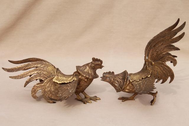 photo of vintage brass roosters, pair of fierce fighting birds, cast metal animal figurines #6