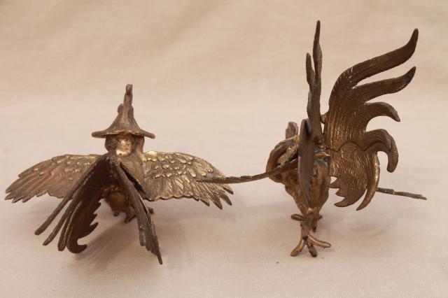 photo of vintage brass roosters, pair of fierce fighting birds, cast metal animal figurines #7