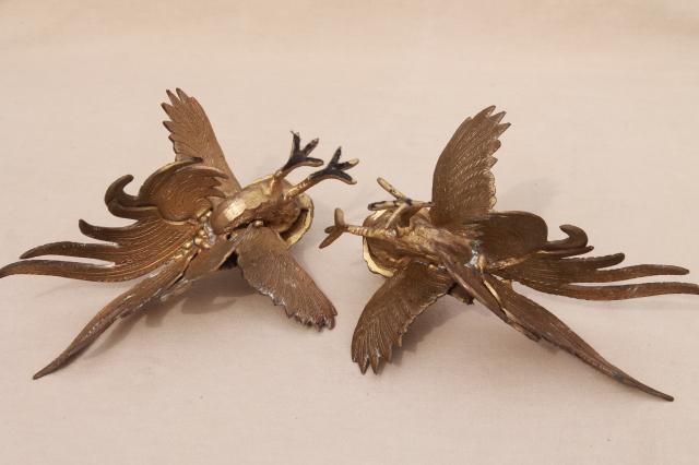 photo of vintage brass roosters, pair of fierce fighting birds, cast metal animal figurines #8