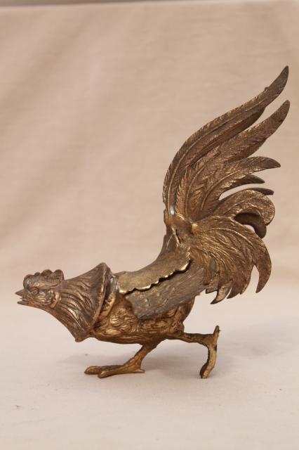 photo of vintage brass roosters, pair of fierce fighting birds, cast metal animal figurines #9