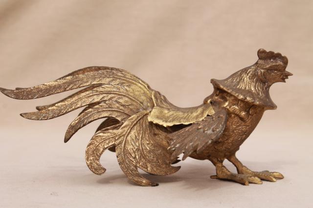 photo of vintage brass roosters, pair of fierce fighting birds, cast metal animal figurines #10