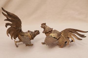 catalog photo of vintage brass roosters, pair of fierce fighting birds, cast metal animal figurines