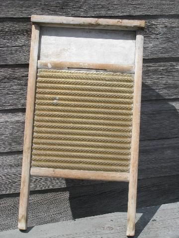 photo of vintage brass scrub board primitive old wooden laundry washboard #1