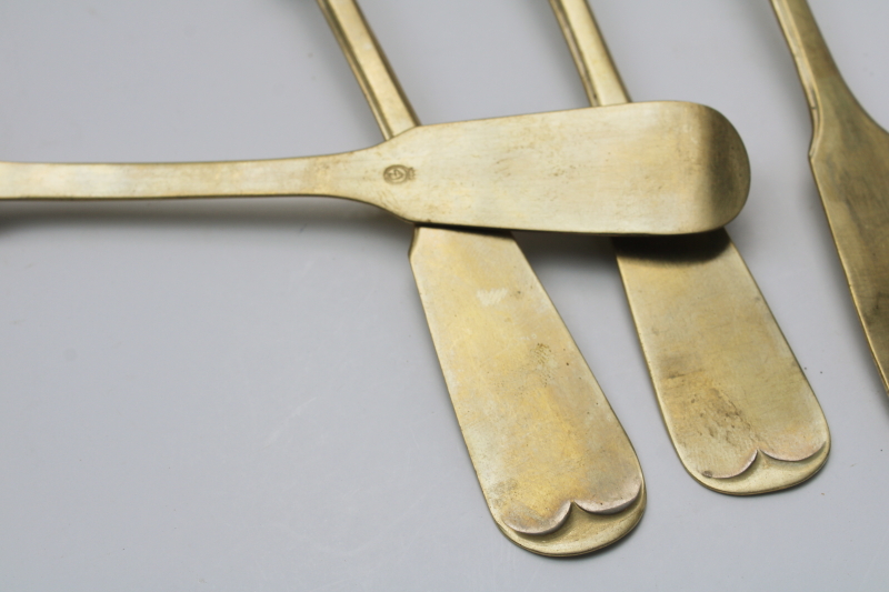 photo of vintage brass spoons, set of large soup spoons w/ fiddleback shape handles, antique colonial style #2