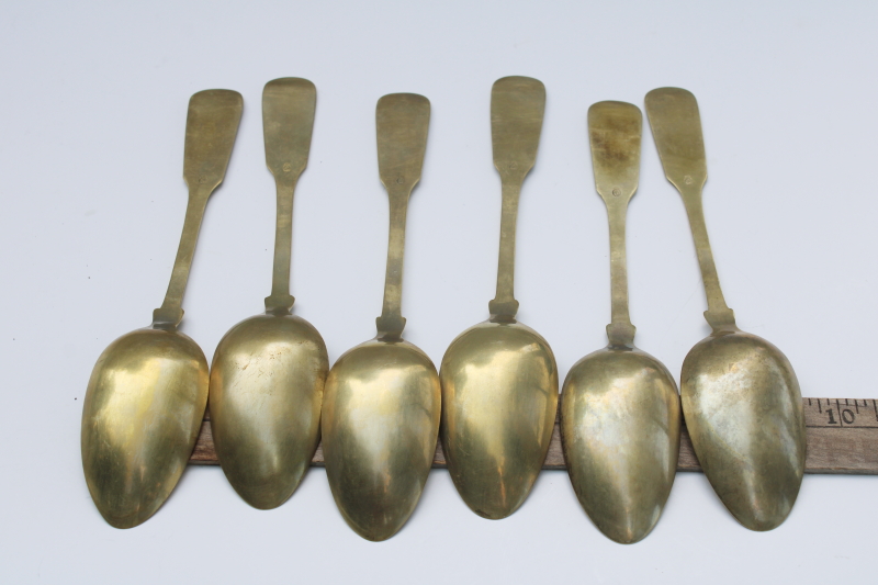 photo of vintage brass spoons, set of large soup spoons w/ fiddleback shape handles, antique colonial style #4