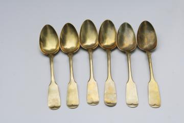 catalog photo of vintage brass spoons, set of large soup spoons w/ fiddleback shape handles, antique colonial style