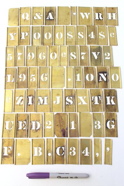 photo of vintage brass stencils interlocking letters, old type lettering, numbers, punctuation #5