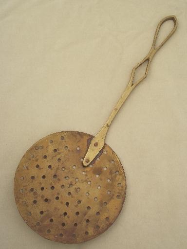 photo of vintage brass strainer paddle, large flat sieve spoon w/ long handle #1