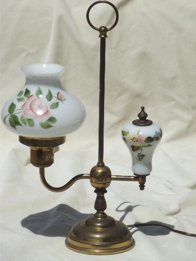 photo of vintage brass student lamp w/ painted milk glass shade shade & font #1