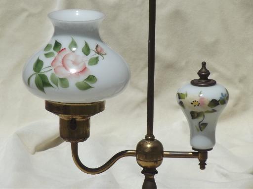 photo of vintage brass student lamp w/ painted milk glass shade shade & font #2