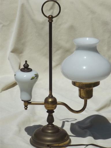 photo of vintage brass student lamp w/ painted milk glass shade shade & font #5