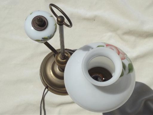 photo of vintage brass student lamp w/ painted milk glass shade shade & font #6